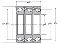 Triple-Row Angular Contact Thrust Ball Bearing for Ball Screws - DFT Arrangement, Double Sealed, Two Rows Bear Axial Load - Dimensions