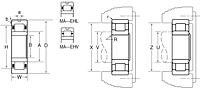 Cylindrical Roller Bearing - Separable, Plain Inner Ring, Outer Ring w/ Two Ribs, Dowel Hole - Dimensions