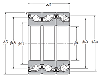 Triple-Row Angular Contact Thrust Ball Bearing for Ball Screws - DBT Arrangement, Double Sealed, Two Rows Bear Axial Load - Dimensions