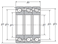 Triple-Row Angular Contact Thrust Ball Bearing for Ball Screws - DFT Arrangement, Open Type, Two Rows Bear Axial Load - Dimensions