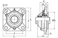 Four Bolt Square Flanged Unit, Cast Housing, Set Screw, Cast Dust Cover, Open End, UCFS Type - Dimensions