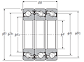 Triple-Row Angular Contact Thrust Ball Bearing for Ball Screws - DFT Arrangement, Double Sealed, Two Rows Bear Axial Load - Dimensions